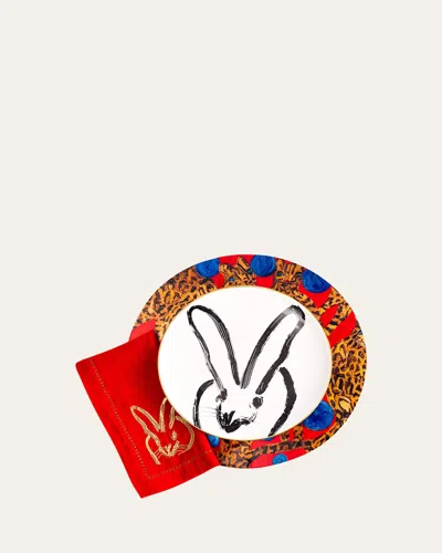 HUNT SLONEM PAINTED BUNNY EMBROIDERED DINNER NAPKIN, RED/GOLD,PROD162420189