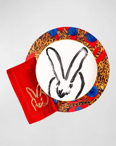 HUNT SLONEM PAINTED BUNNY EMBROIDERED DINNER NAPKIN, RED/GOLD