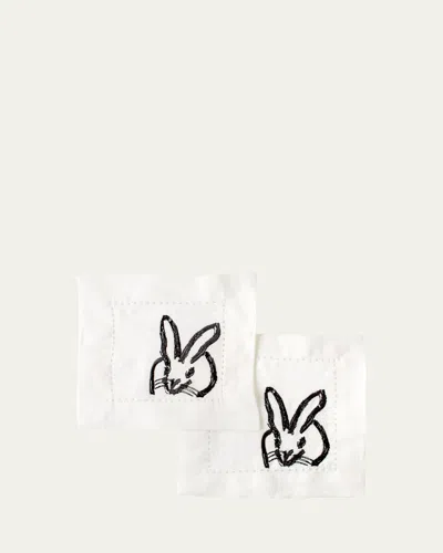 Hunt Slonem Painted Bunny Embroidered Linen Cocktail Napkins, Set Of 6 In White