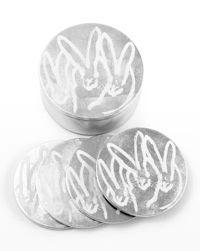 Hunt Slonem Silver Leaf Bunny Coaster Box - 4 Coasters In Grey
