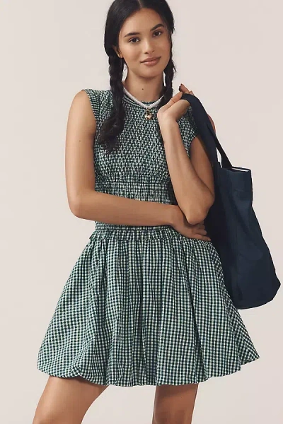 Hunter Anita Gingham Smocked Bubble-hem Mini Dress In Green