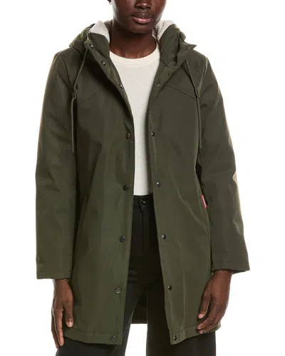 Hunter Billie Canvas Mid Length Hooded Rain Jacket In Green