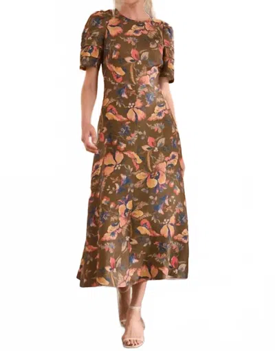 Hunter Casey Short Sleeve Midi Dress In Olive Floral In Brown