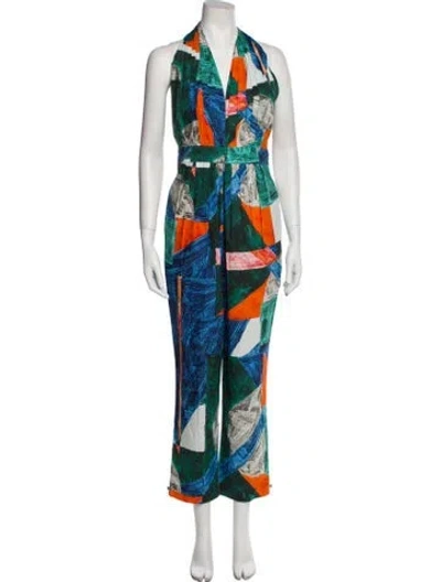 Pre-owned Hunter Colorblock Pattern Halterneck Jumpsuit W/ Tags In Blue