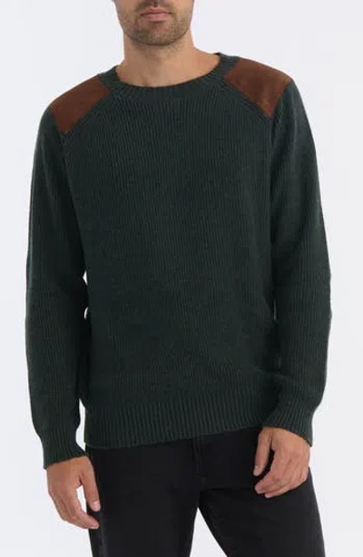 Hunter Crewneck Faux Suede Patch Ribbed Sweater In Green