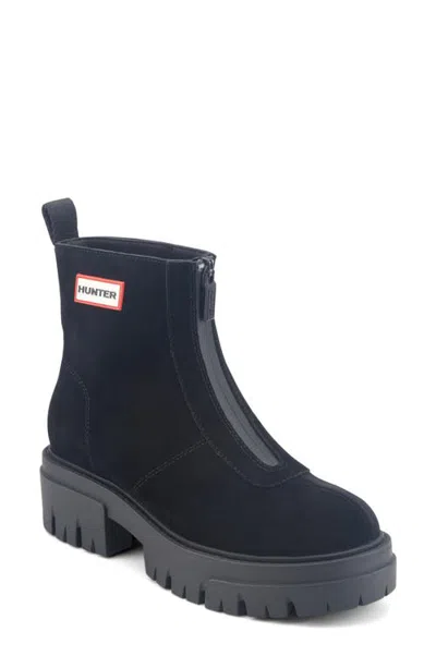 Hunter Gemma Front Zip Leather Boot In Black Suede