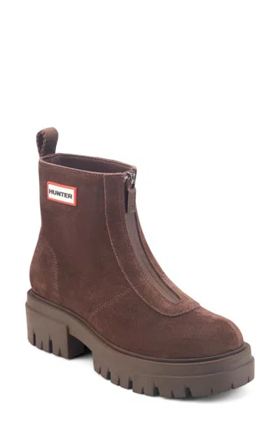 Hunter Gemma Front Zip Leather Boot In Dark Natural Suede