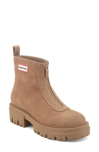 Hunter Gemma Front Zip Leather Boot In Medium Brown Suede