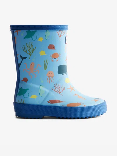 Hunter Kids First Classic Ocean Print Wellington Boots In Blue