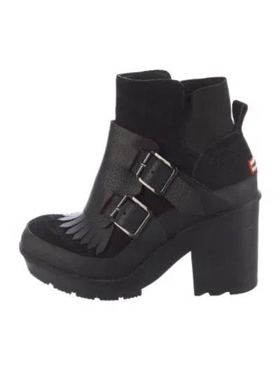 Pre-owned Hunter Leather Fringe Trim Accent Boots In Black