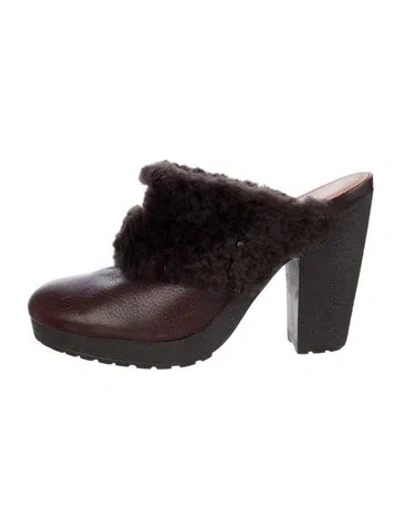 Pre-owned Hunter Leather Fur Trim Mules In Brown