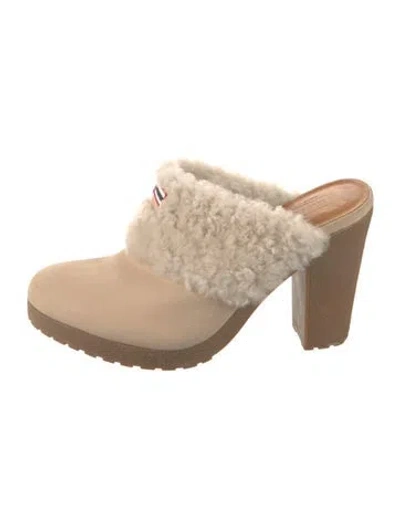 Pre-owned Hunter Leather Fur Trim Mules In Brown