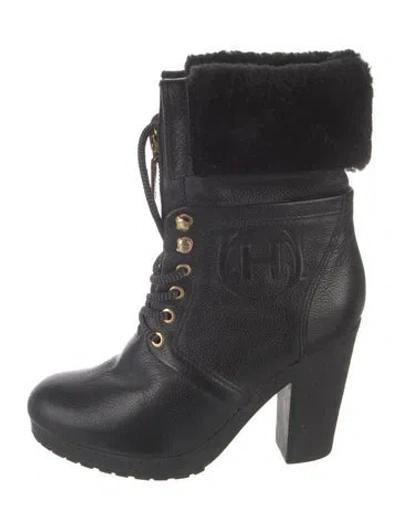 Pre-owned Hunter Leather Lace-up Boots In Black