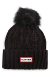 Hunter Logo Cable Knit Faux Fur Pompom Fleece Lined Beanie In Black