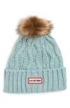 Hunter Logo Cable Knit Faux Fur Pompom Fleece Lined Beanie In Blue