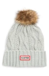 Hunter Logo Cable Knit Faux Fur Pompom Fleece Lined Beanie In Gray