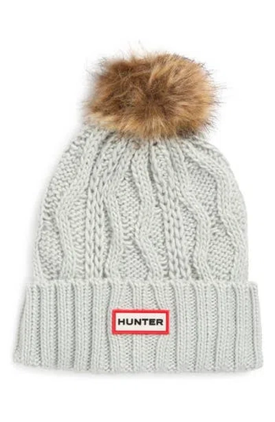 Hunter Logo Cable Knit Faux Fur Pompom Fleece Lined Beanie In Gray