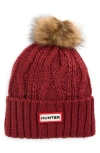 Hunter Logo Cable Knit Faux Fur Pompom Fleece Lined Beanie In Red