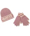 Hunter Metallic Rib Logo Cuff Beanie And Gloves Boxed Gift Set In Pink