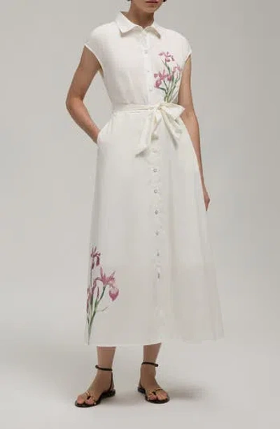 Hunter Midi Button Down Embroideried Shirt Dress In White