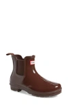 Hunter Original Gloss Waterproof Chelsea Boot In Brown Bolt