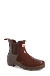 Hunter Original Gloss Waterproof Chelsea Boot In Brown Bolt