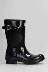 Hunter Original Short Gloss Low Heels Boots In Black Rubber/plasic In Black
