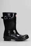 Hunter Original Short Gloss Low Heels Boots In Black Rubber/plasic In Black