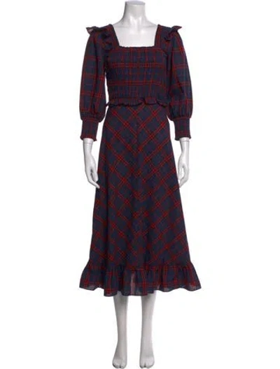 Pre-owned Hunter Plaid Print Midi Length Dress In Blue
