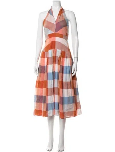 Pre-owned Hunter Plaid Print Midi Length Dress In Orange