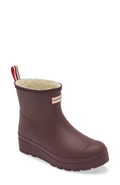Hunter Play Short Faux Shearling Lined Waterproof Rain Boot In Burgundy