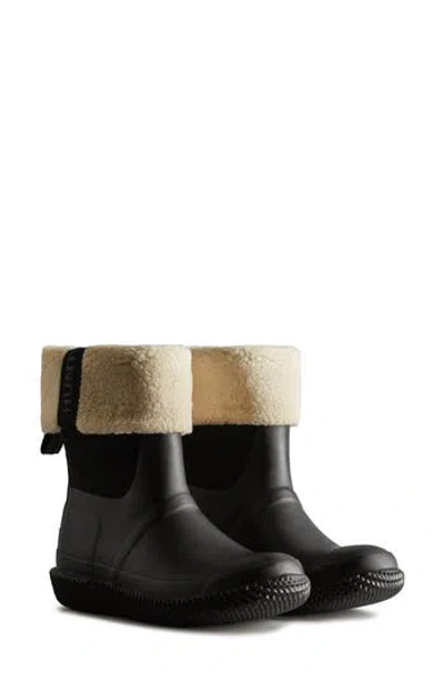 Hunter Roll Top Webbing Faux Shearling Lined Boot In Black/white Willow