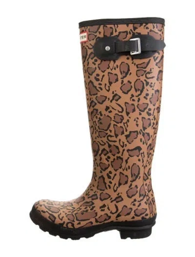 Pre-owned Hunter Rubber Animal Print Rain Boots In Brown