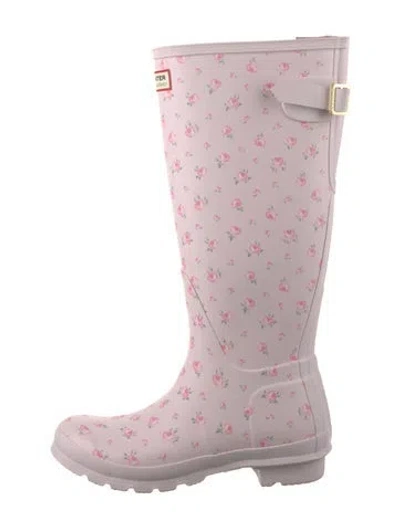 Pre-owned Hunter Rubber Floral Print Rain Boots In Pink/purple