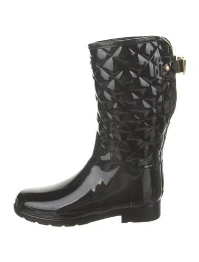 Pre-owned Hunter Rubber Leather Trim Embellishment Rain Boots In Black