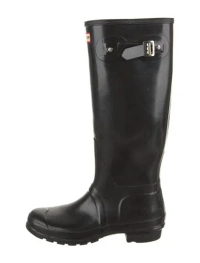 Pre-owned Hunter Rubber Leather Trim Embellishment Rain Boots In Black