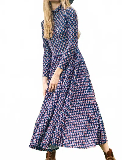 Hunter Sabine Mock Neck Midi Dress In Autumn Fleur Navy In Blue