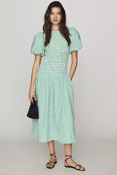 Hunter Scarlet Smocked Puff-sleeve Midi Dress In Green
