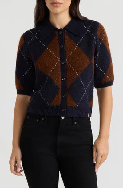 Hunter Short Sleeve Argyle Cardigan In Dark Navy/ Copper Argyle