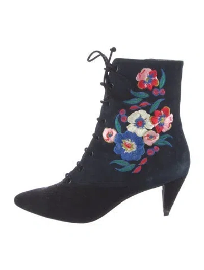 Pre-owned Hunter Suede Floral Print Lace-up Boots In Blue