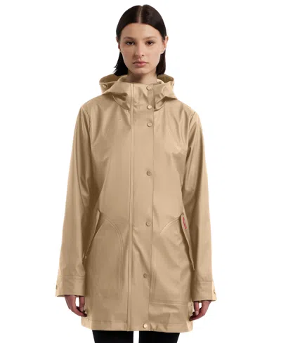 Hunter Women's Hooded Rubberized Waterproof Rain Coat In British Tan