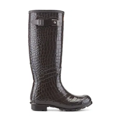 Hunter Women's Original Tall Gloss Rain Boots 8 Dark Brown Croco