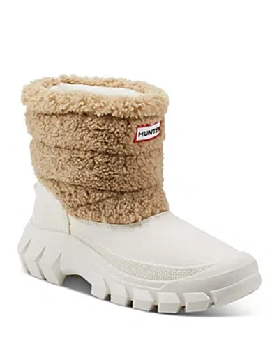 Hunter Women's Pull On Toggle Lace Faux Fur Cold Weather Boots In Tan/white