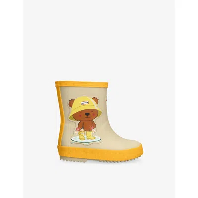 Hunter Yellow Kids' First Bear Print Rubber Wellington Boots Eur 29 / 11 Uk In Multi