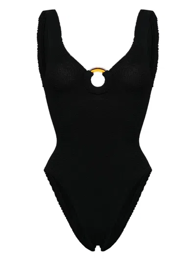Hunza Crinkle One-piece Swimsuit With Tortoiseshell Hoops - One Size In Black