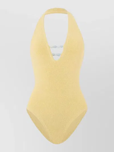Hunza G Adriana Beaded Halterneck Crinkle Swimsuit In Yellow