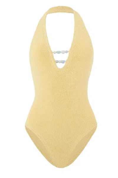 Hunza G Adriana Beaded Halterneck Crinkle Swimsuit In Yellow