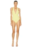 Hunza G Adriana Beaded Halterneck Crinkle Swimsuit In Yellow