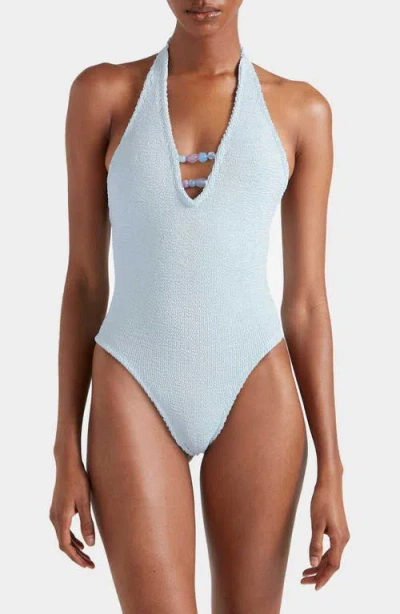 Hunza G Adriana Bead-embellished Halterneck Swimsuit In Blue