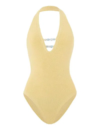 Hunza G Adriana Beaded Halterneck Crinkle Swimsuit In Yellow